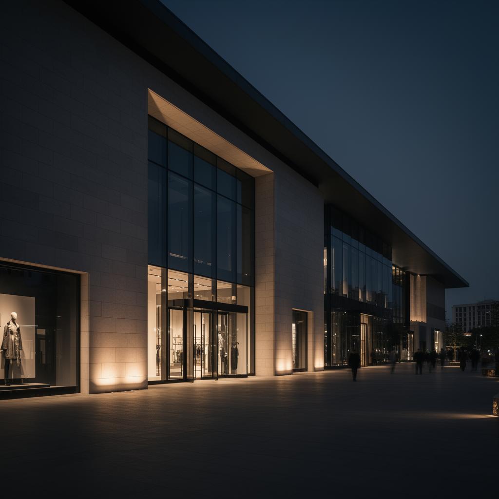 Architectural facade of a modern shopping center at dusk