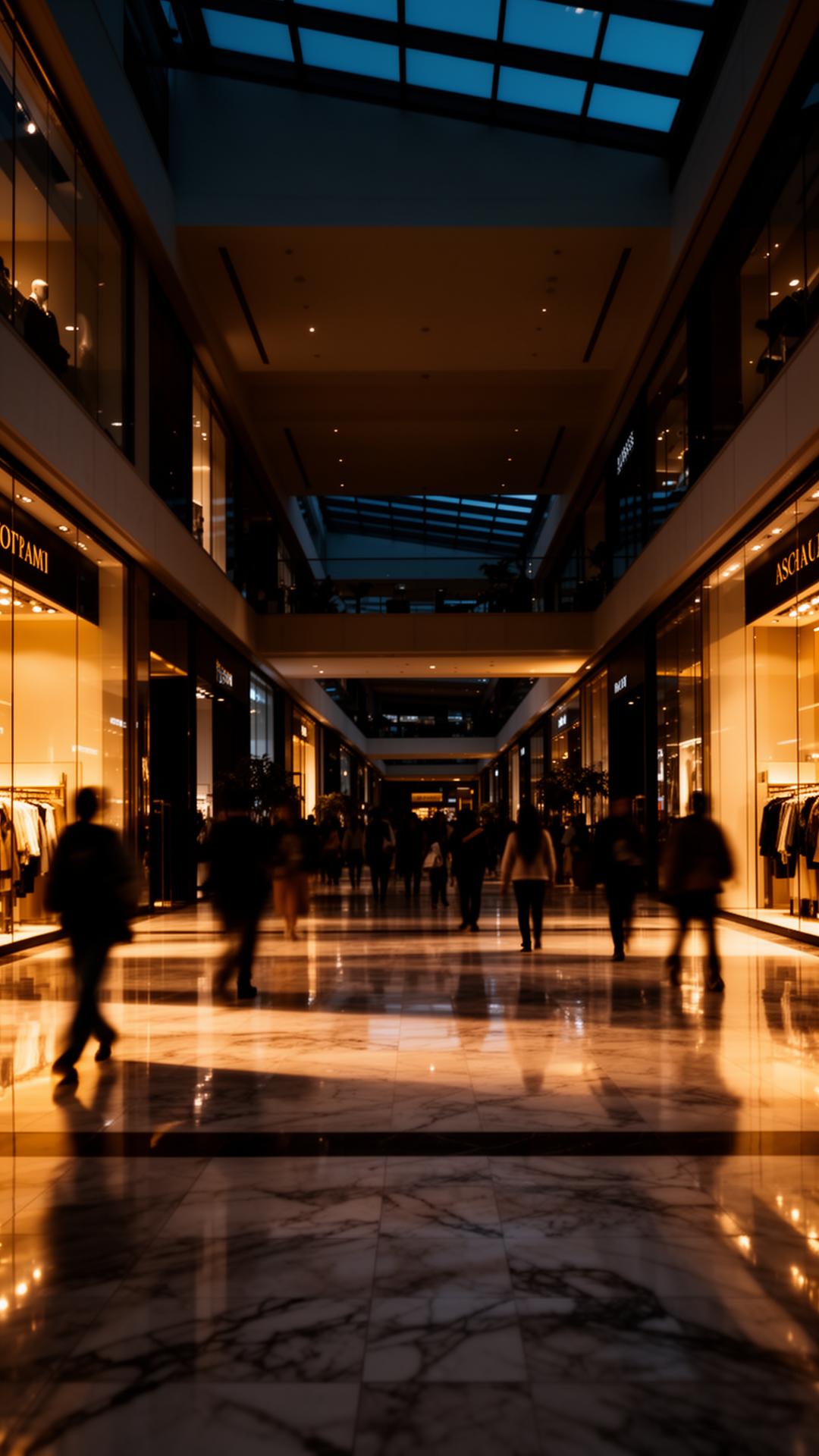 Executives walking through a premium shopping center concourse
