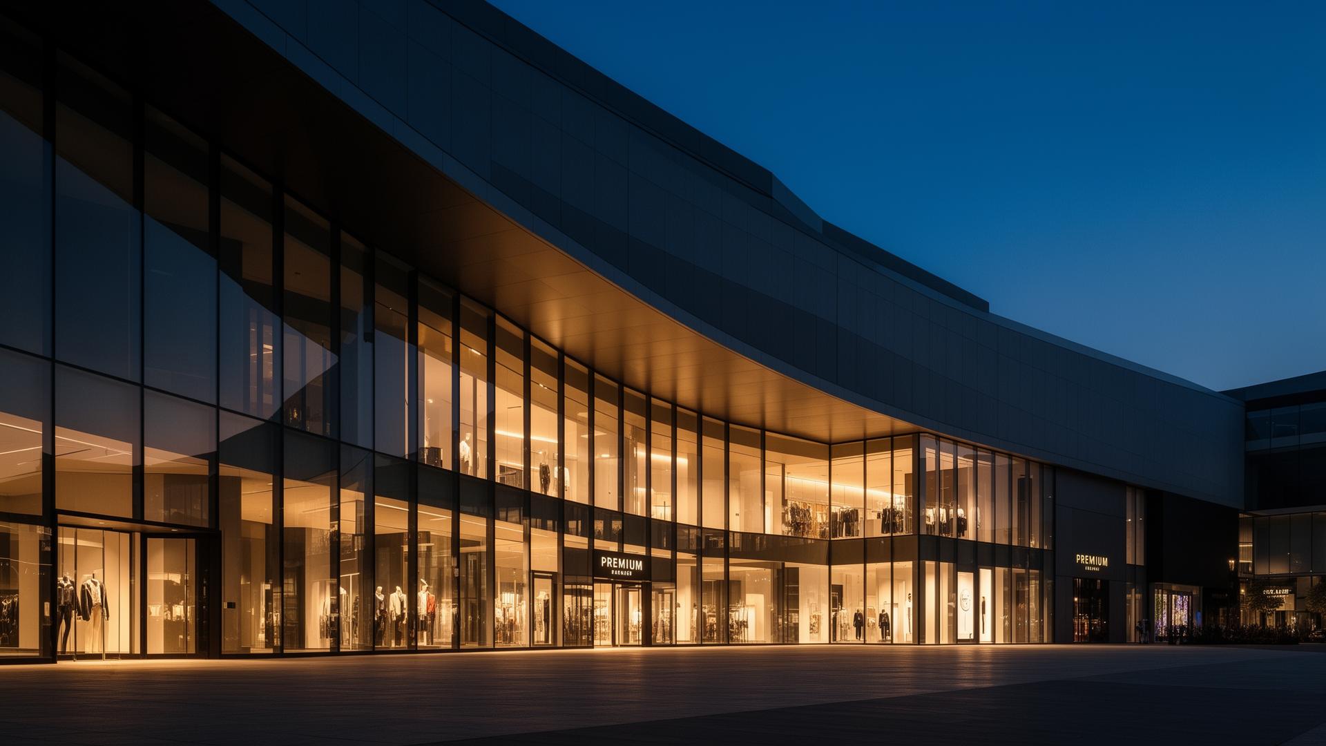 Modern premium shopping center facade at dusk
